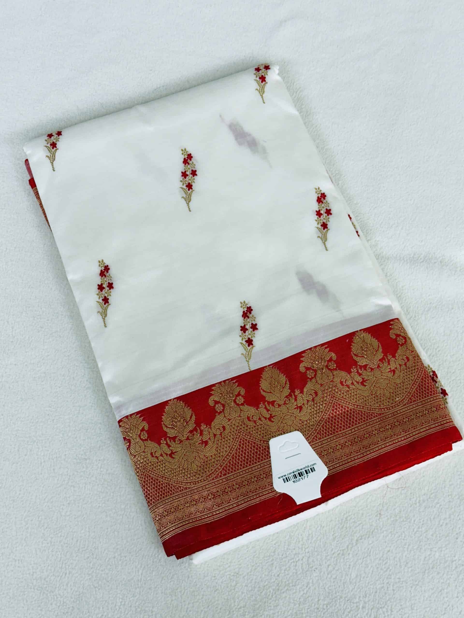 White and Red Pure Katan Banarasi Saree