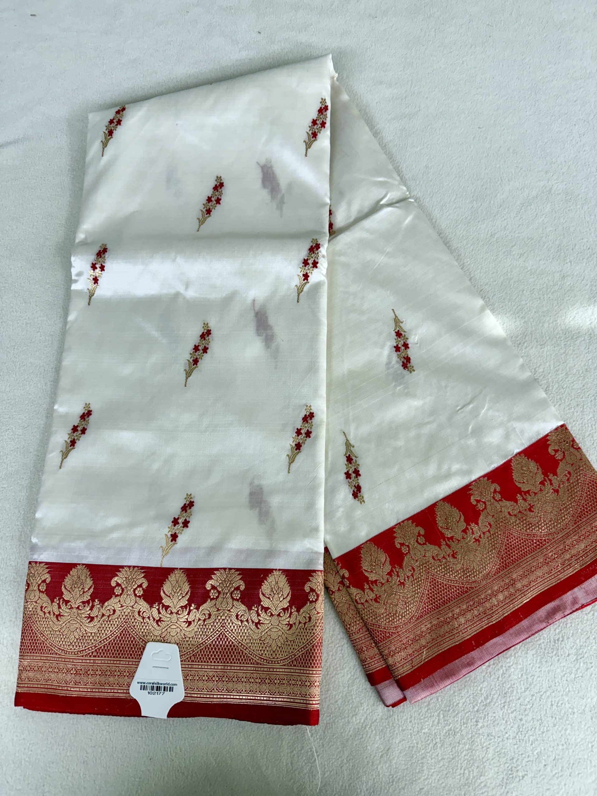 White and Red Pure Katan Banarasi Saree