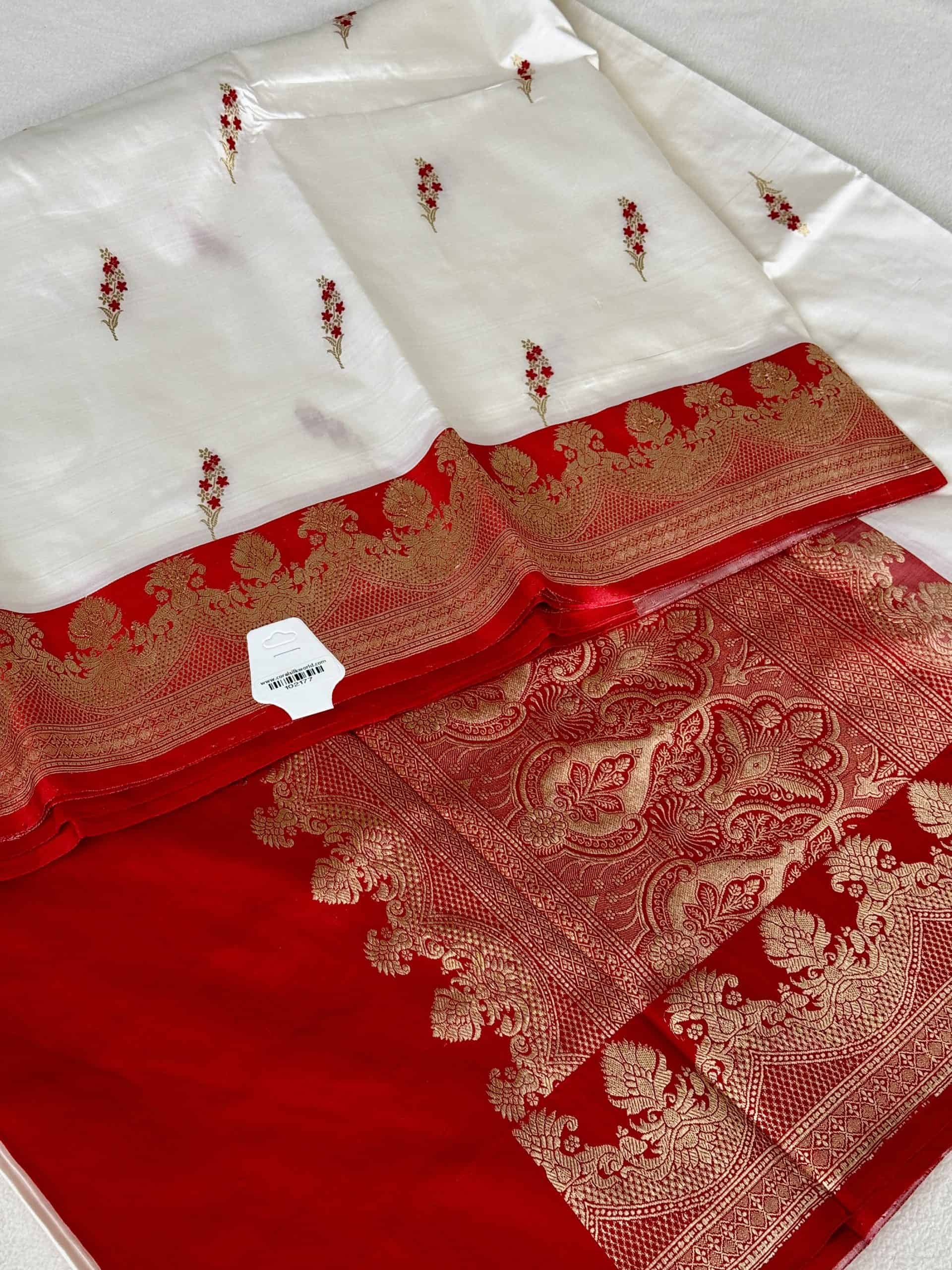 White and Red Pure Katan Banarasi Saree