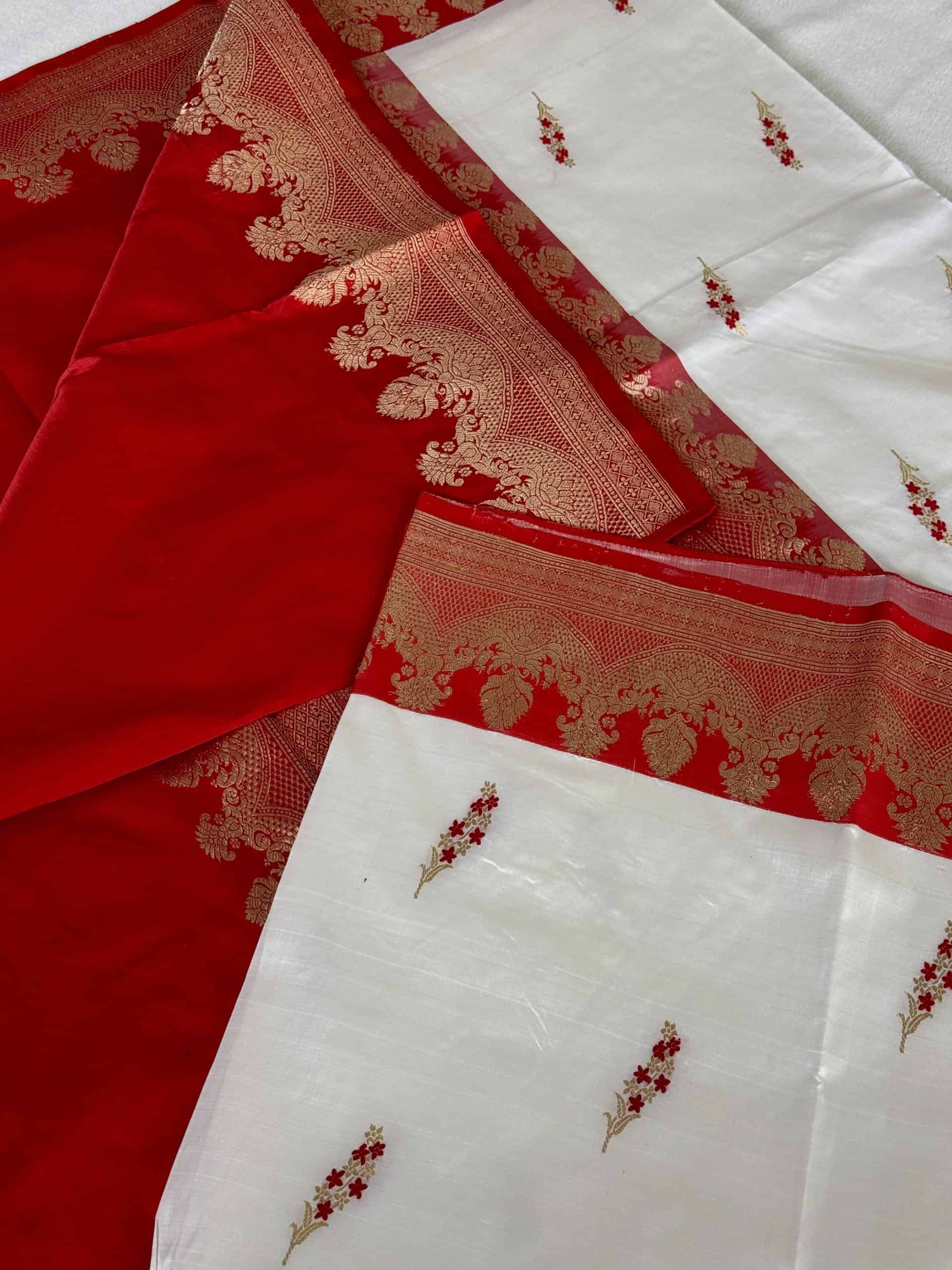 White and Red Pure Katan Banarasi Saree