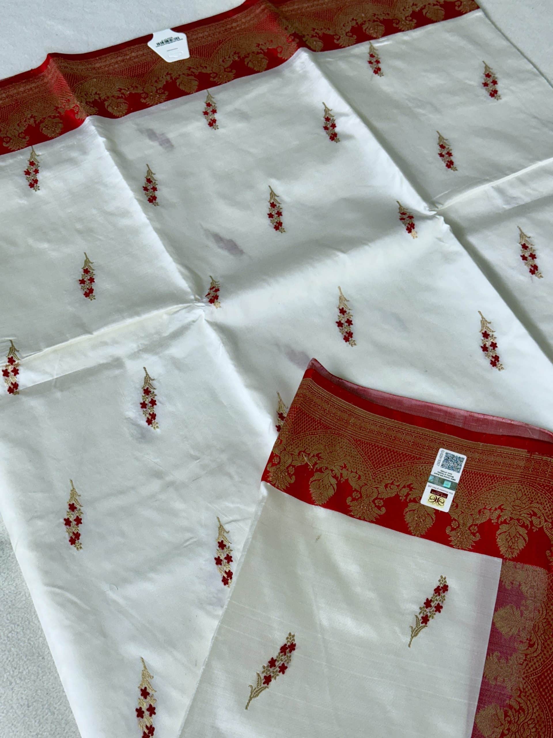 White and Red Pure Katan Banarasi Saree