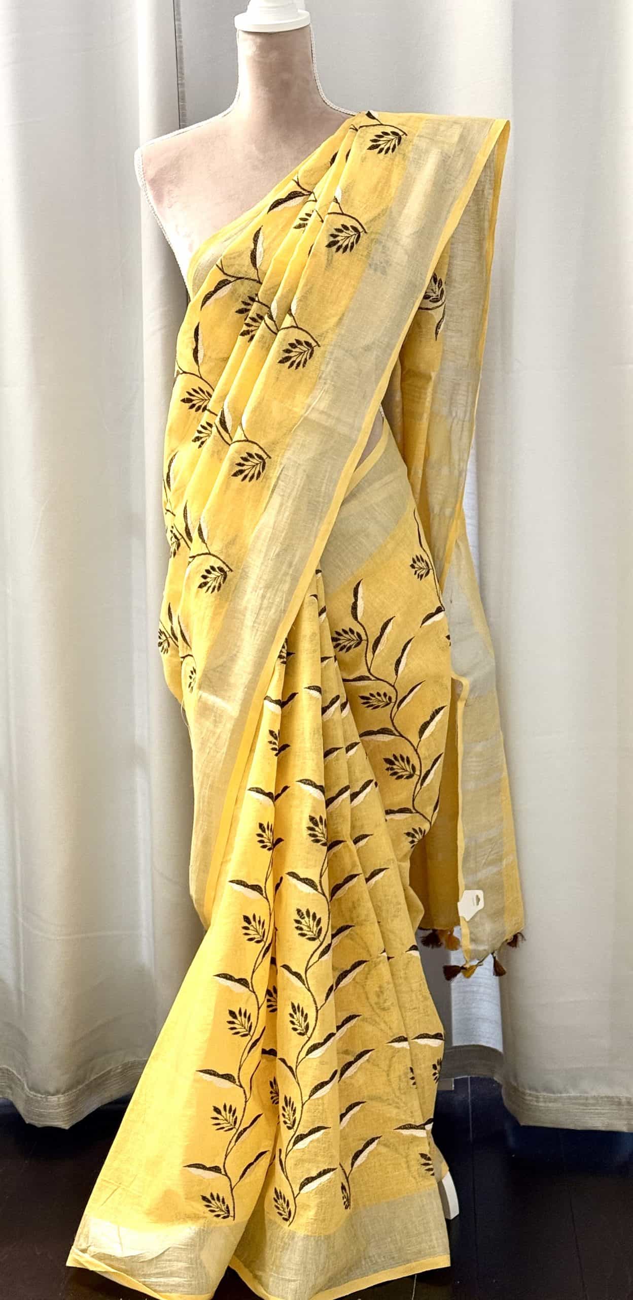 Yellow Pure Linen by Linen Embroidery Saree