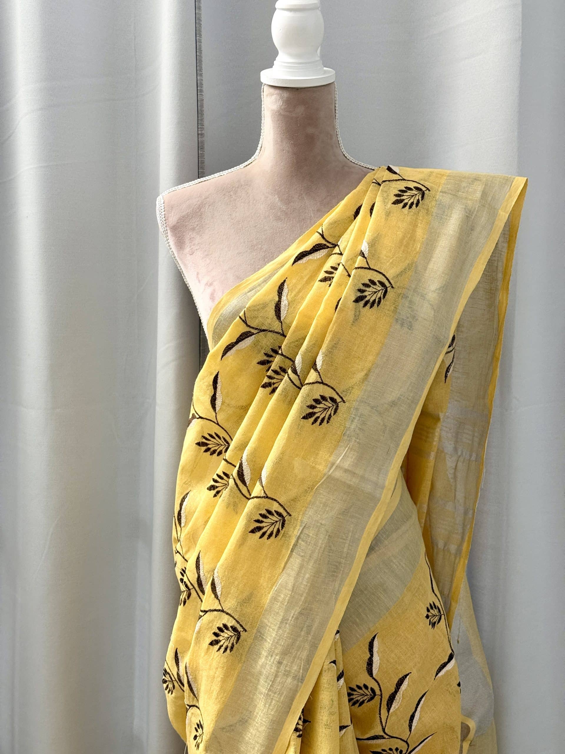 Yellow Pure Linen by Linen Embroidery Saree