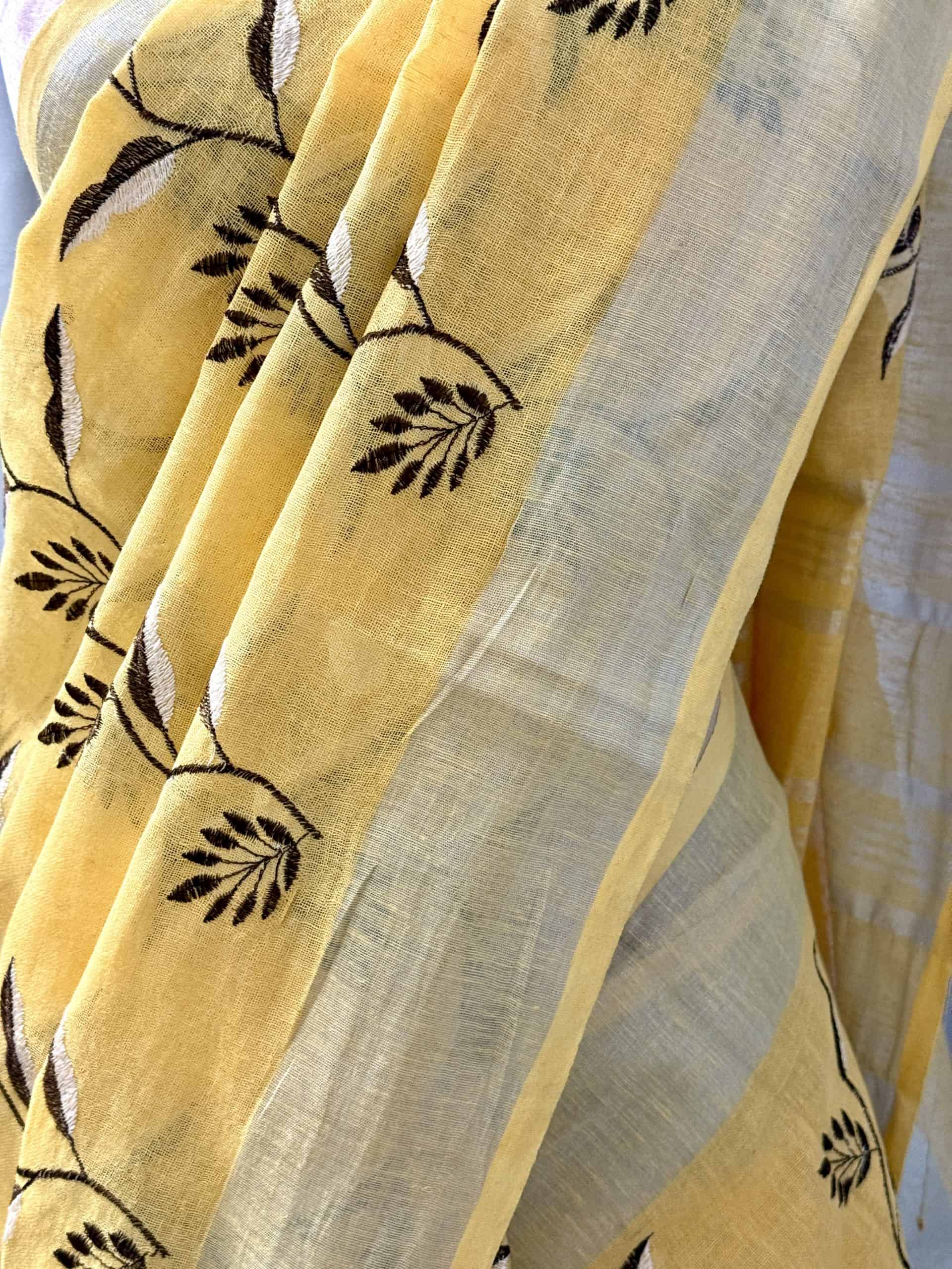 Yellow Pure Linen by Linen Embroidery Saree