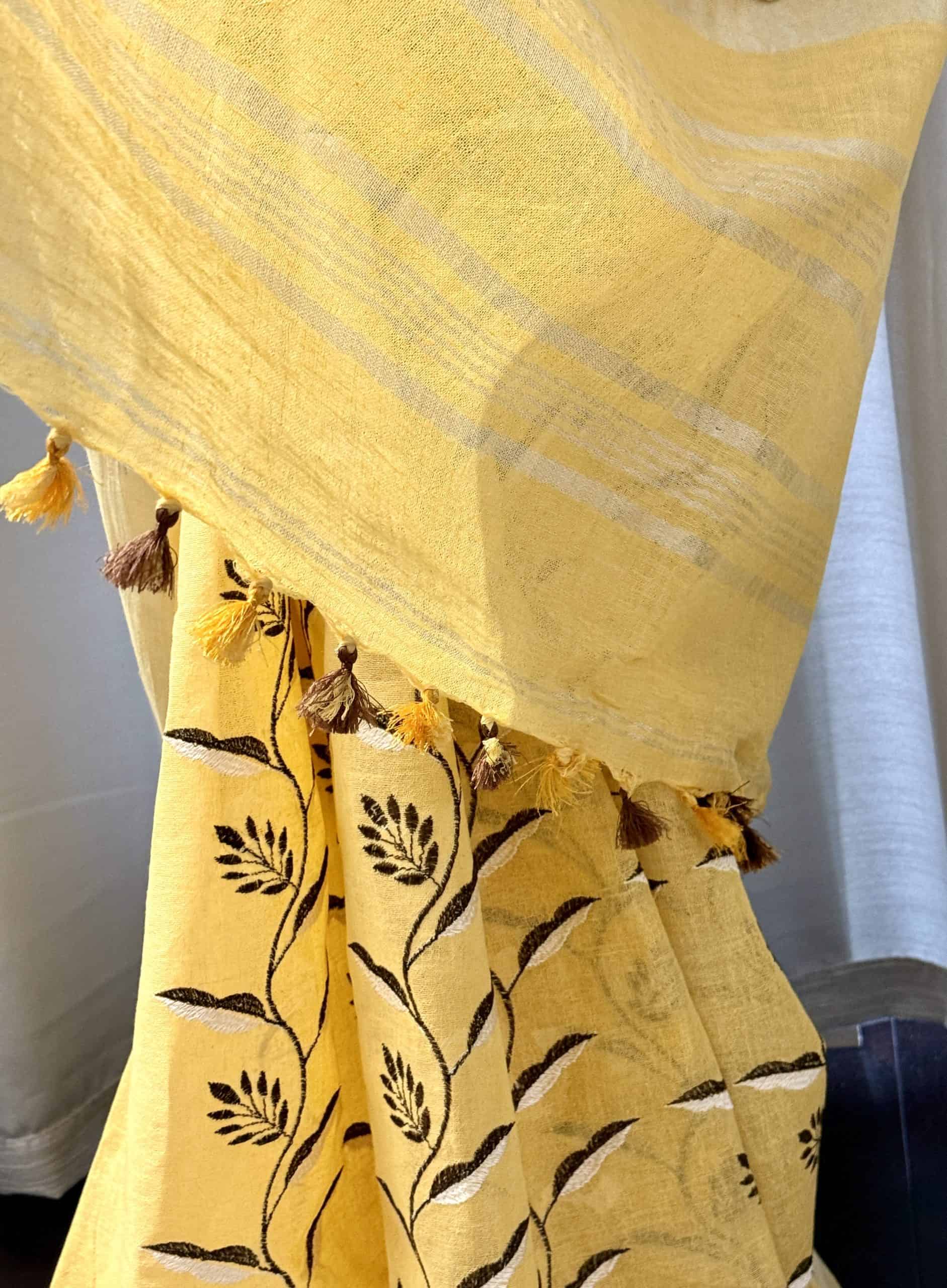 Yellow Pure Linen by Linen Embroidery Saree