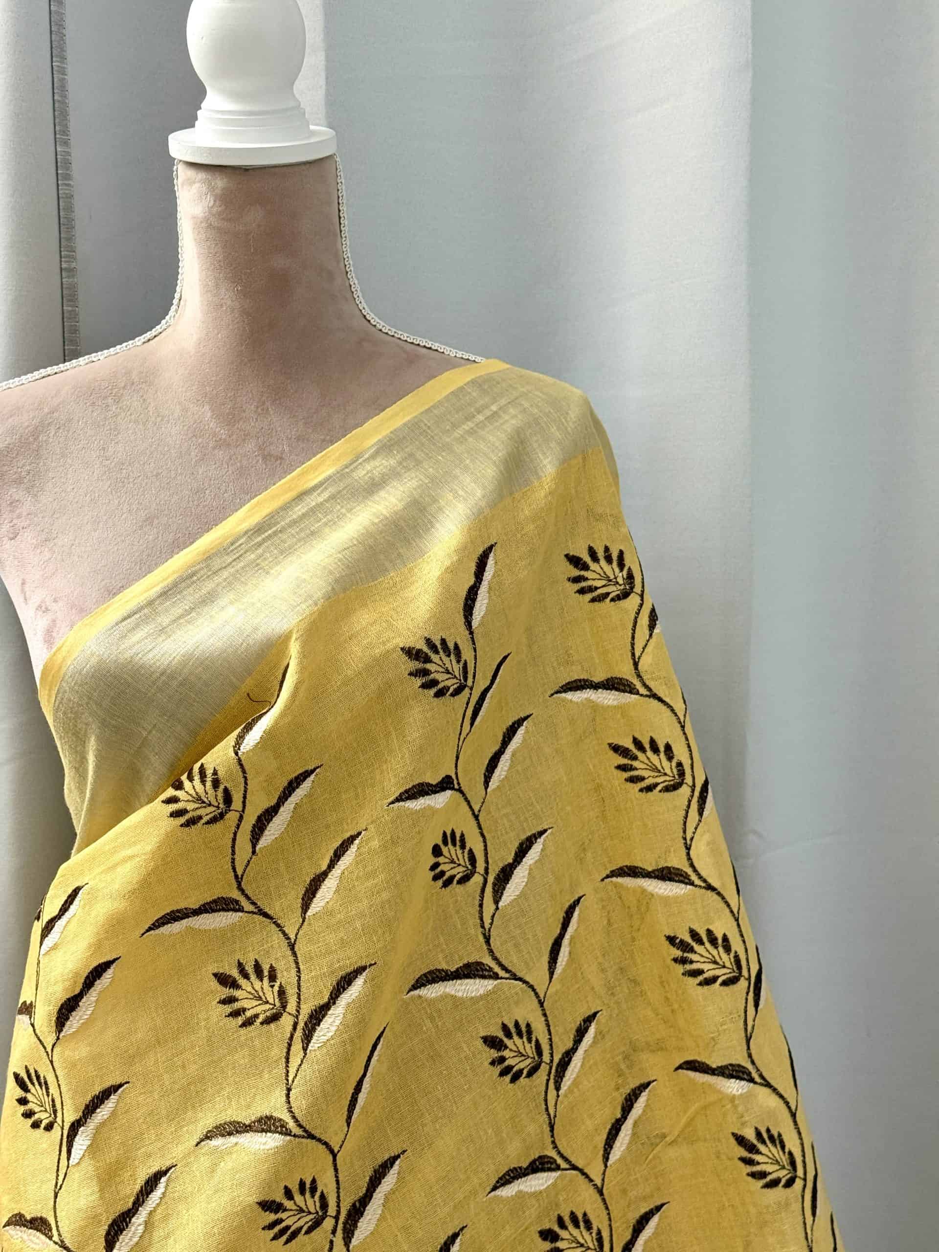 Yellow Pure Linen by Linen Embroidery Saree