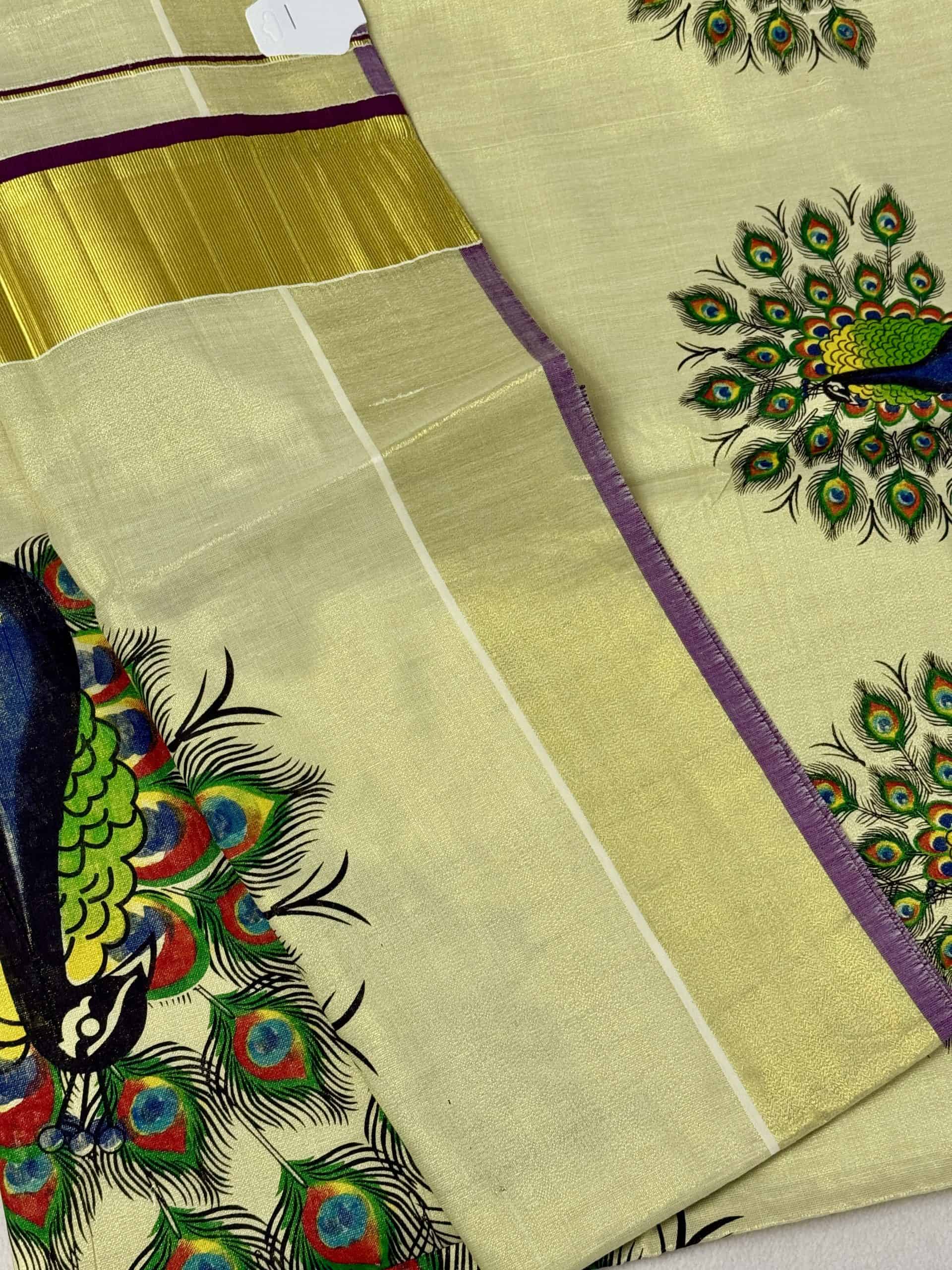 Kerala Saree with Big Peacock Mural Prints