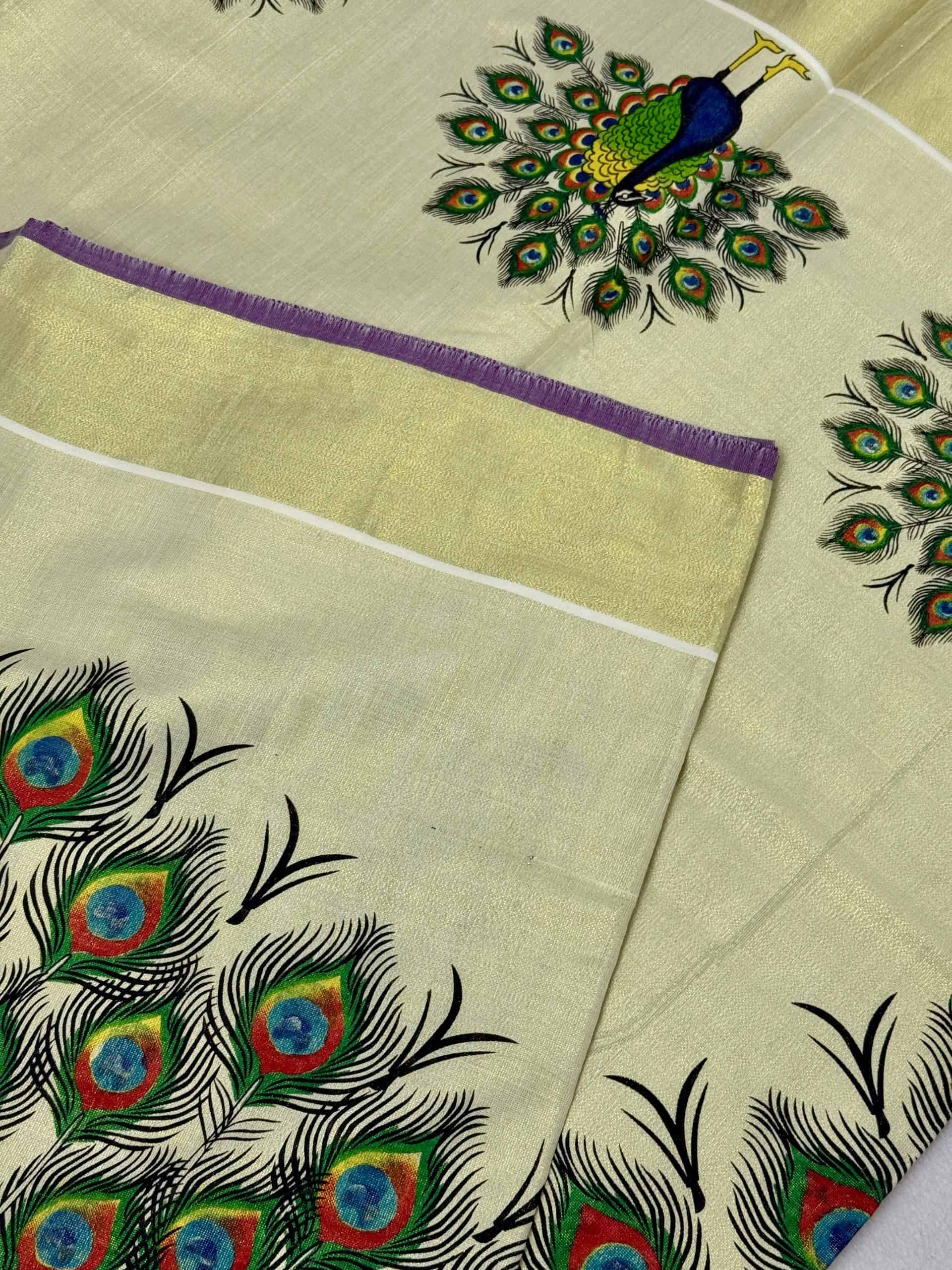 Kerala Saree with Big Peacock Mural Prints