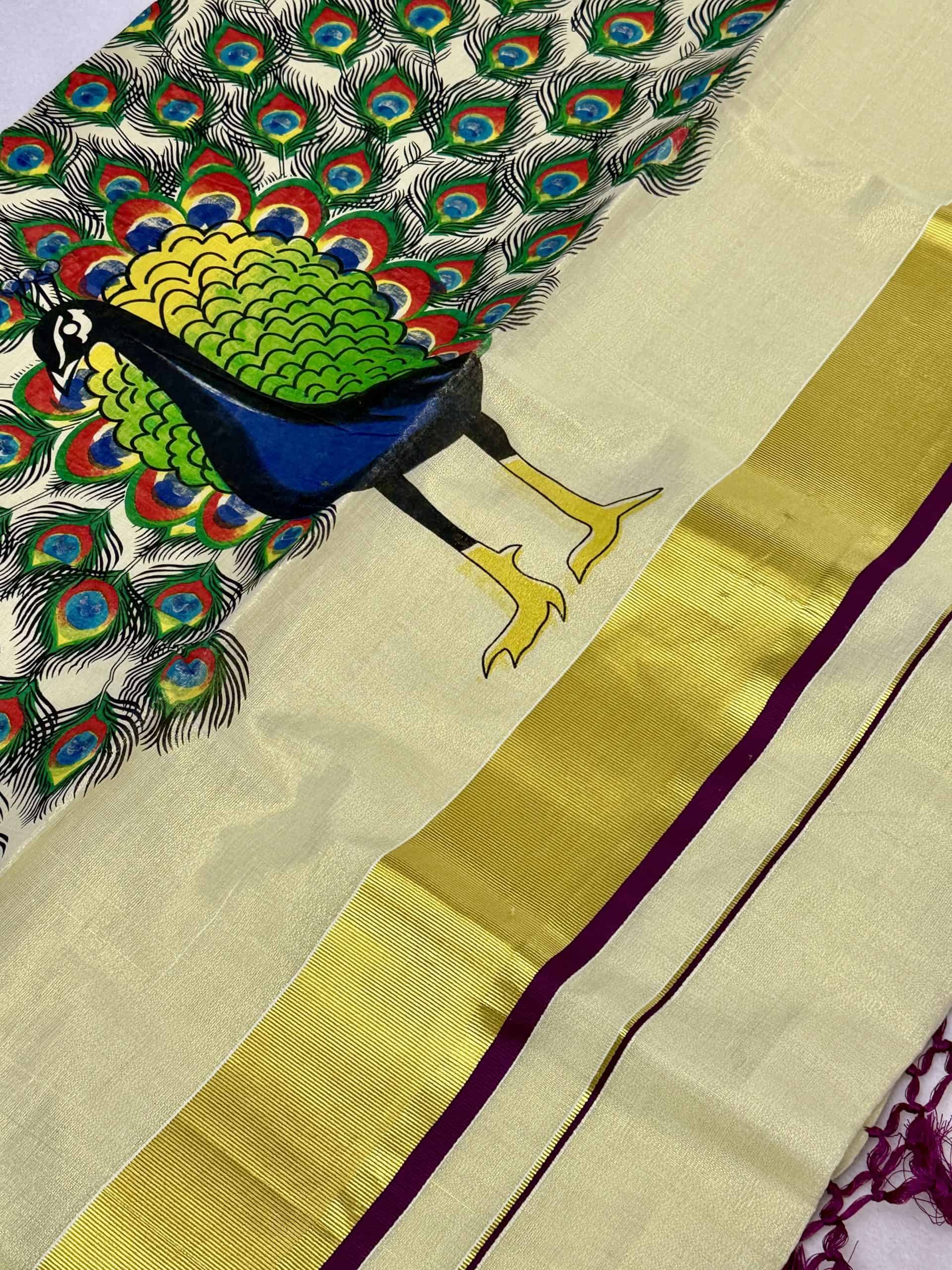 Kerala Saree with Big Peacock Mural Prints