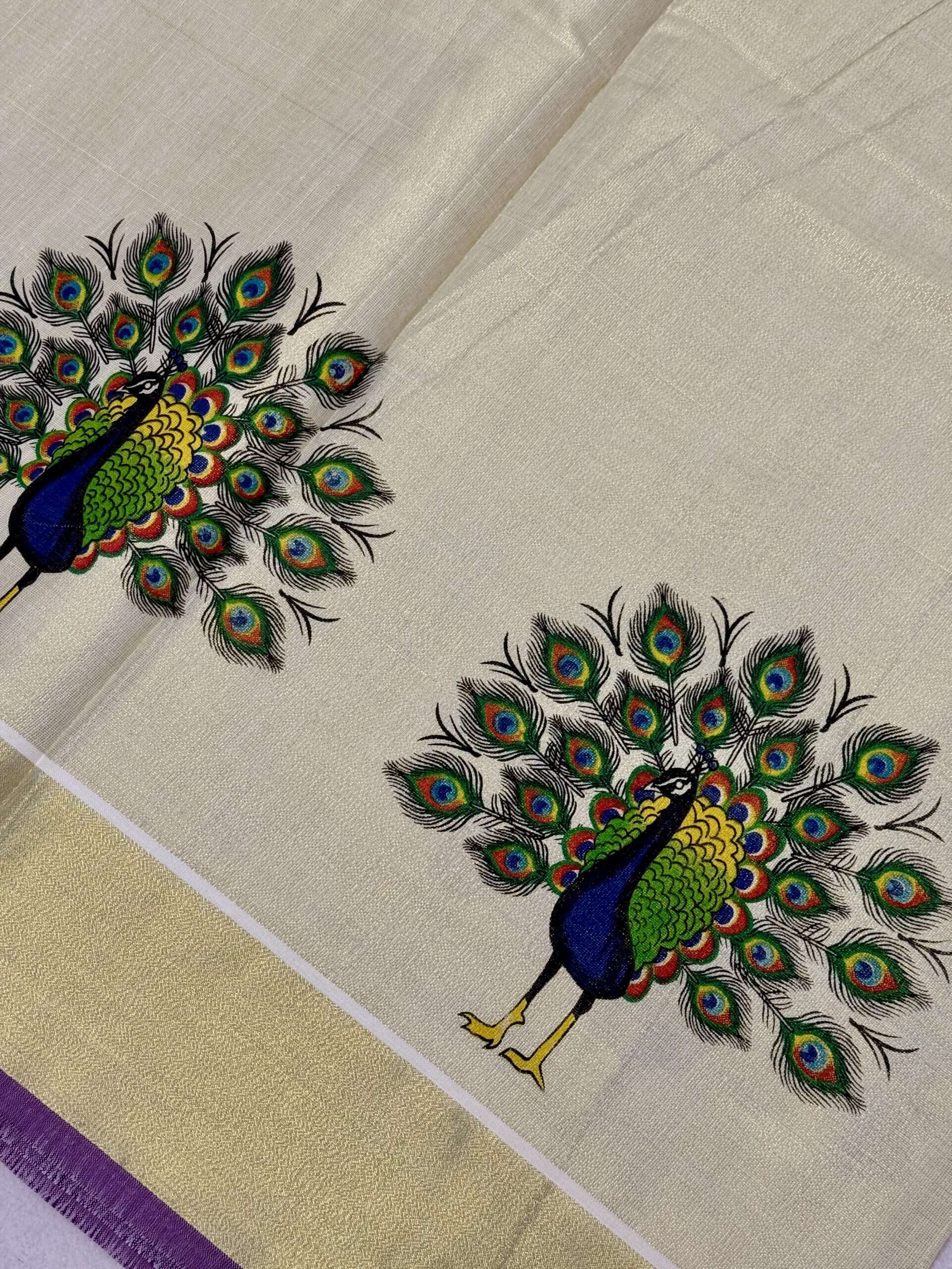 Kerala Saree with Big Peacock Mural Prints