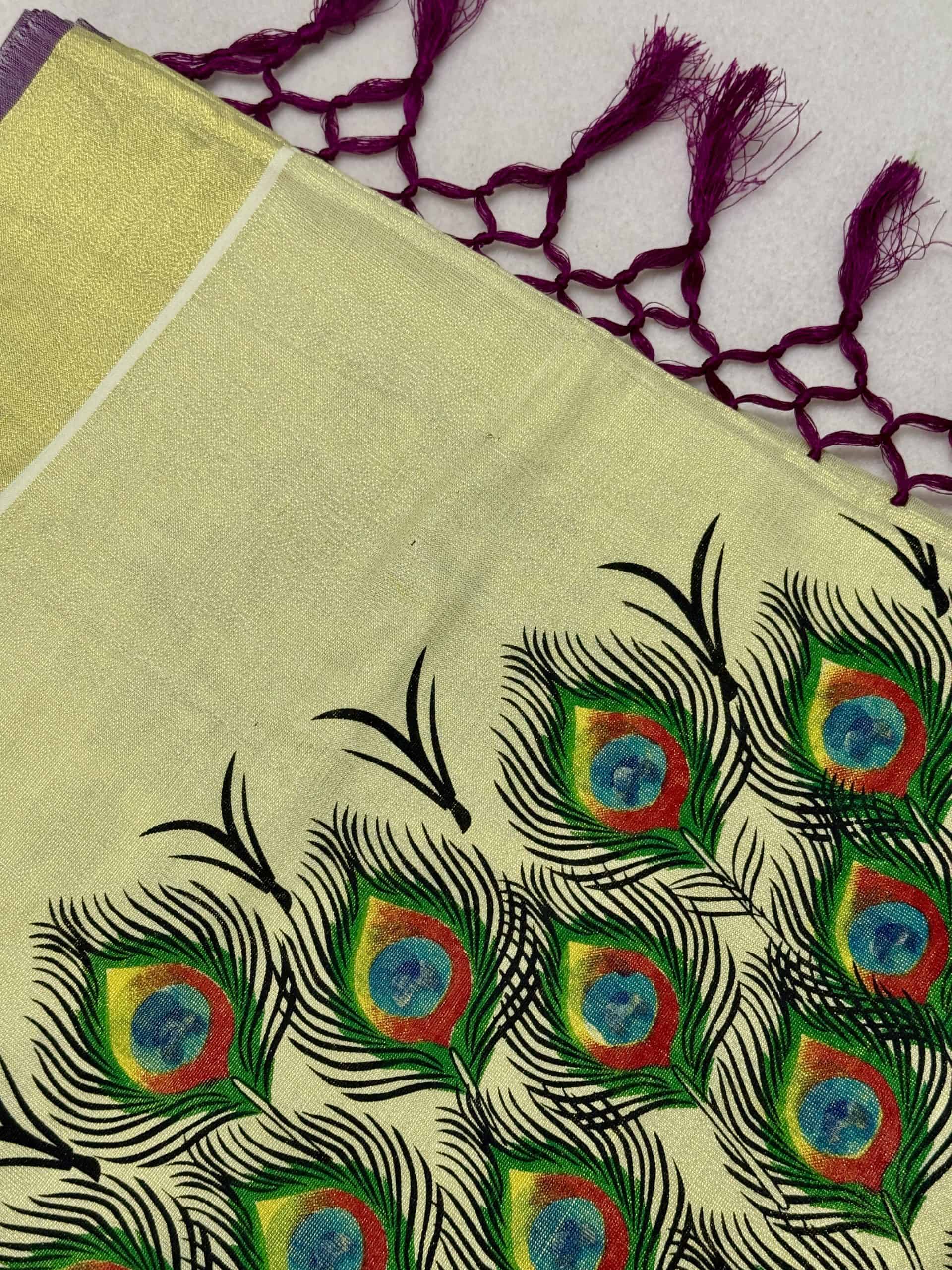 Kerala Saree with Big Peacock Mural Prints