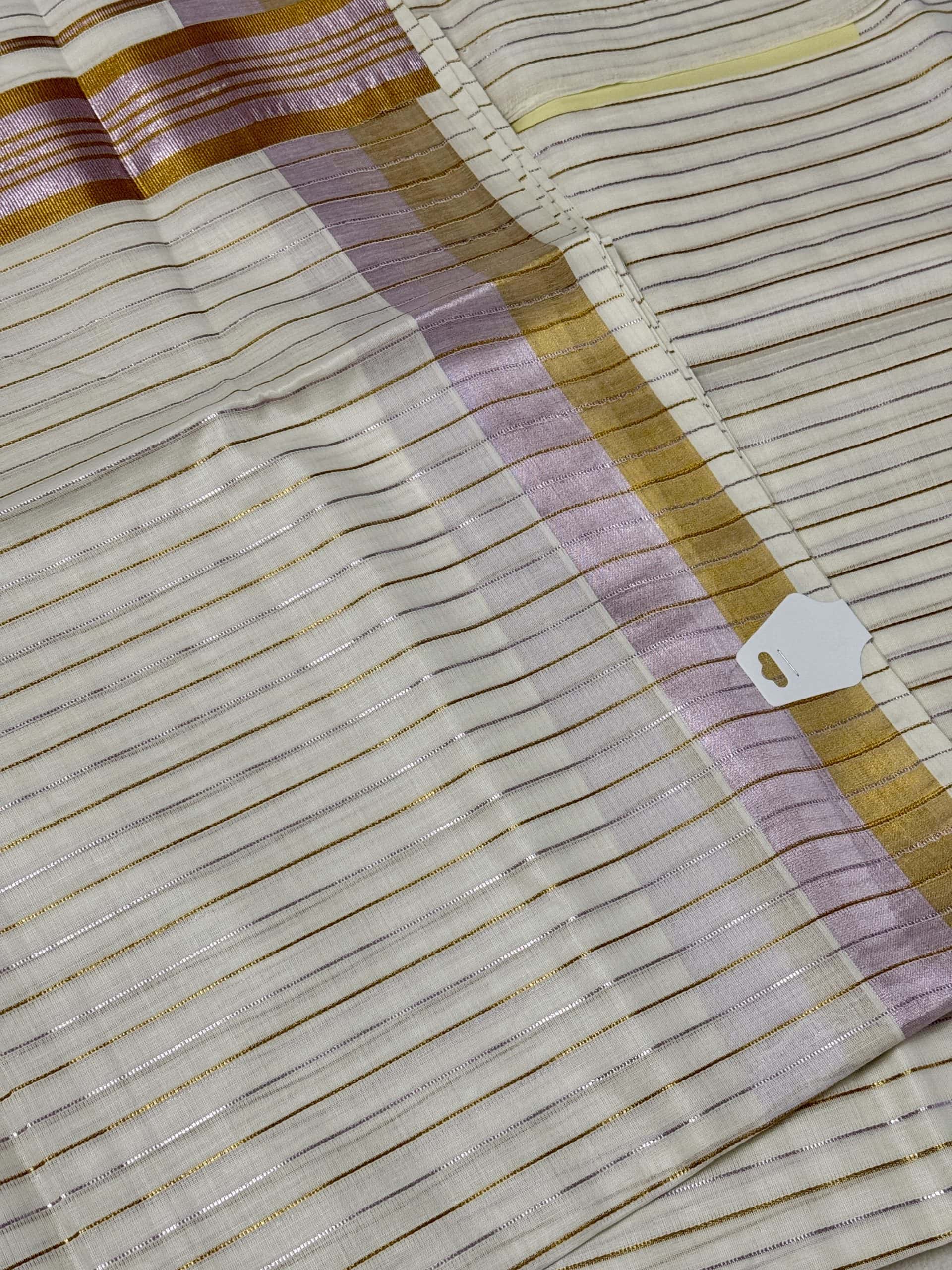 Kerala Saree with Rose and Golden Zari Lines