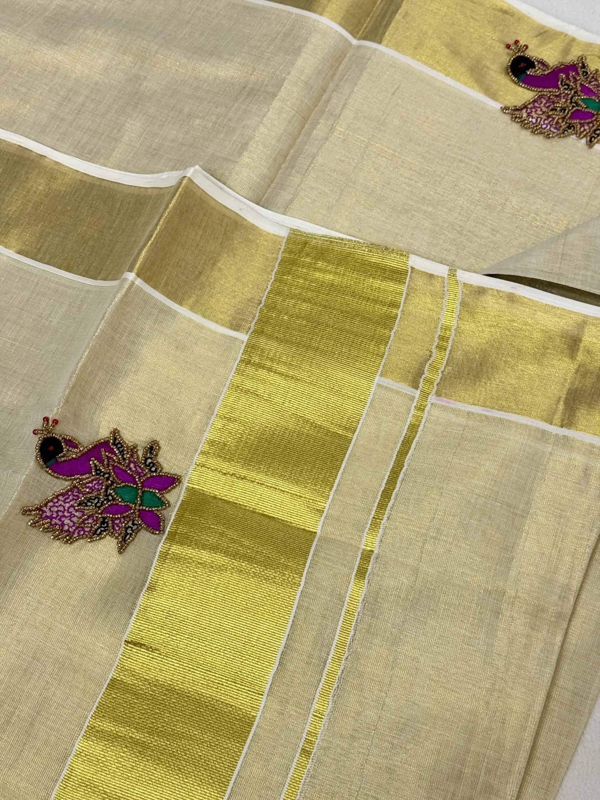 Kerala Saree with Purple Peacock Handwork and Stitched Blouse