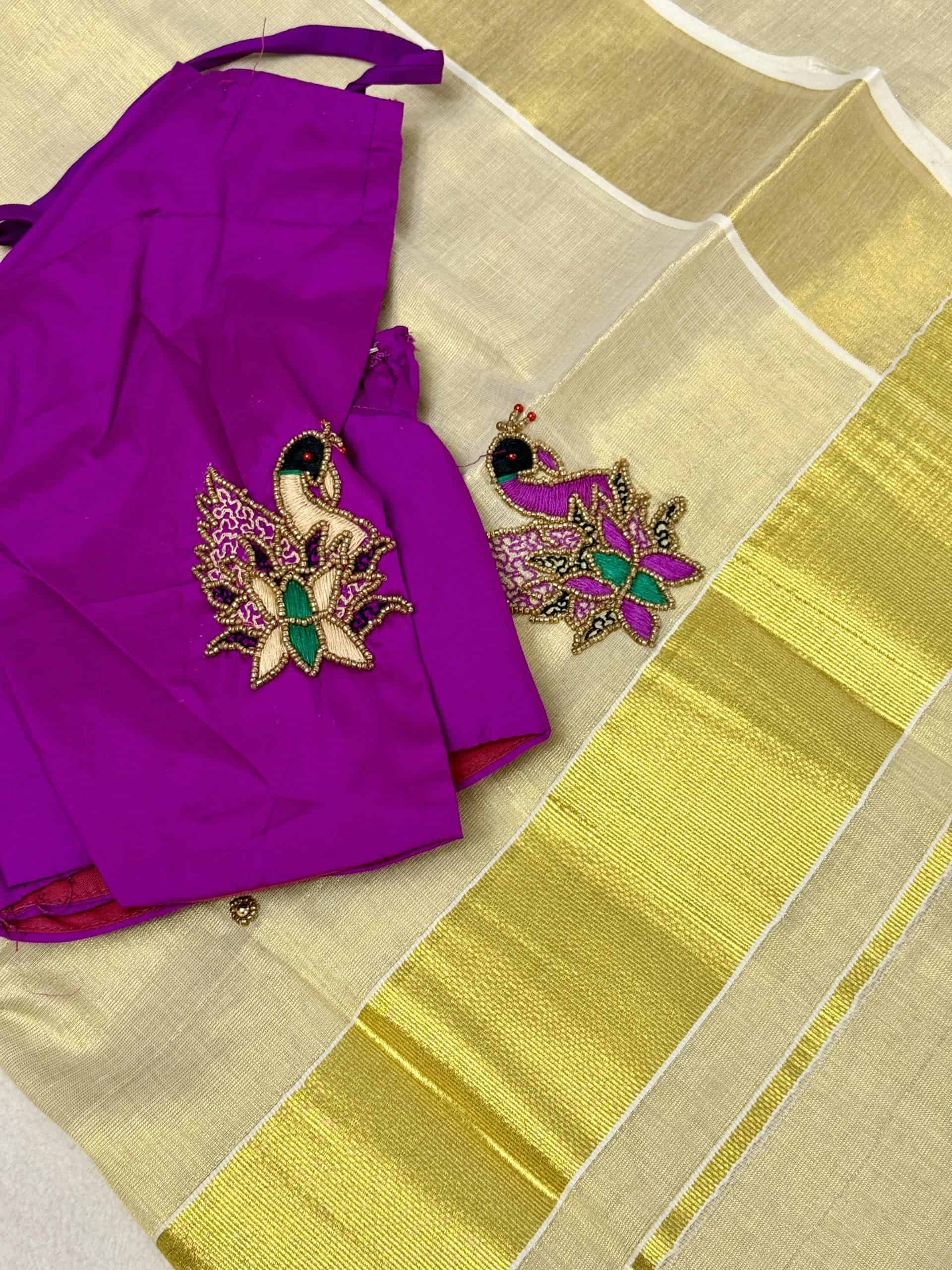 Kerala Saree with Purple Peacock Handwork and Stitched Blouse
