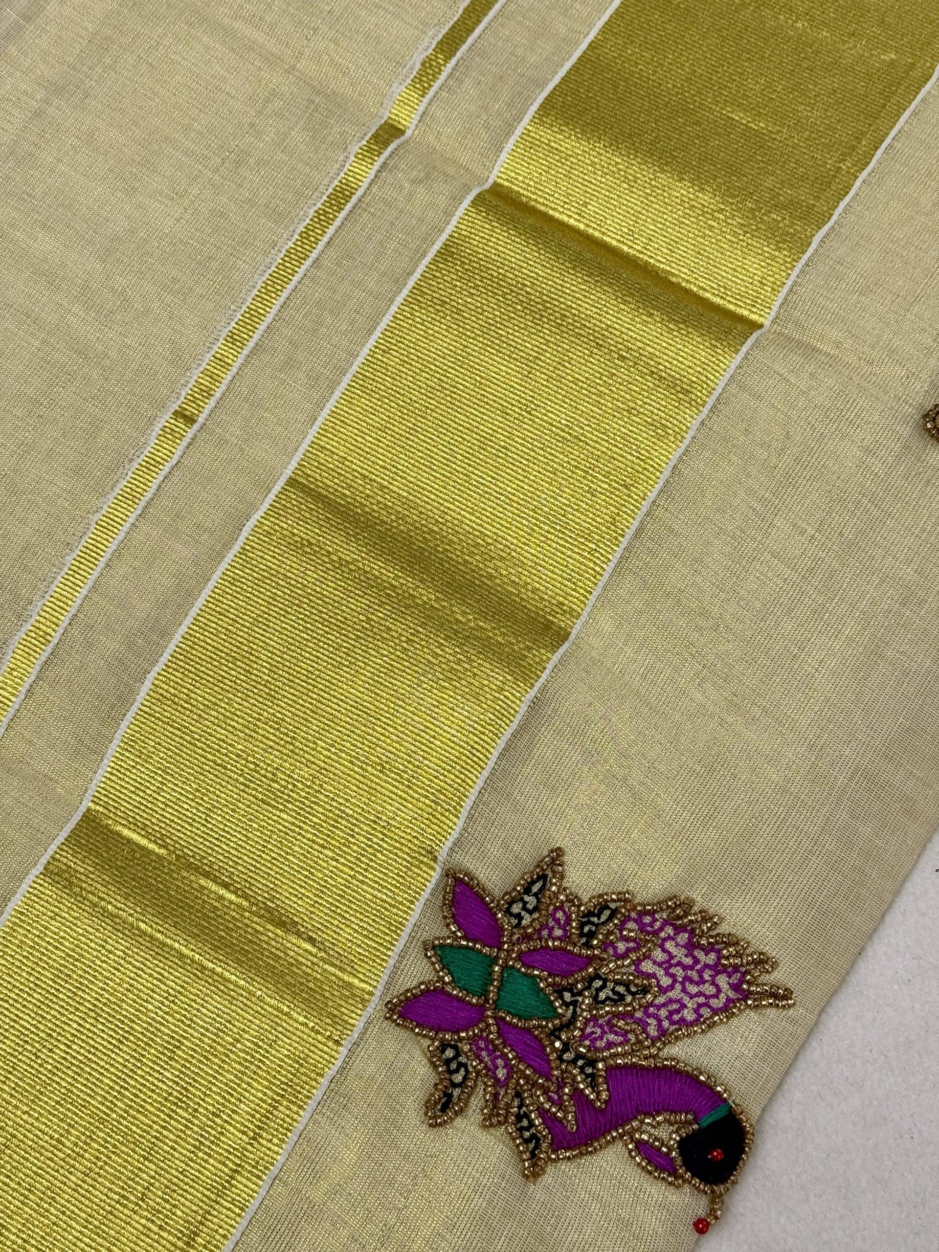 Kerala Saree with Purple Peacock Handwork and Stitched Blouse