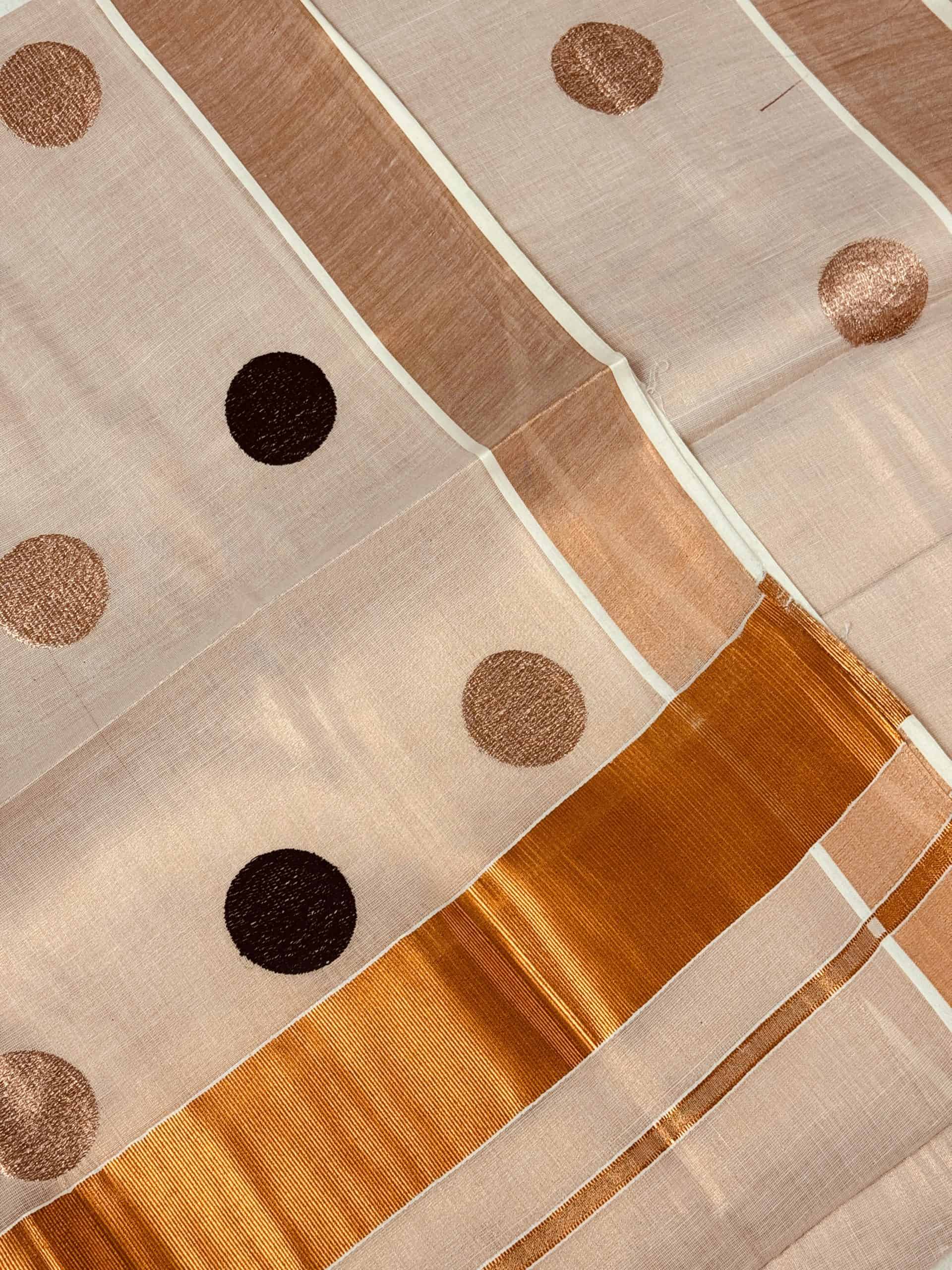 Kerala Traditional Set Saree with Copper Zari and Polka dots