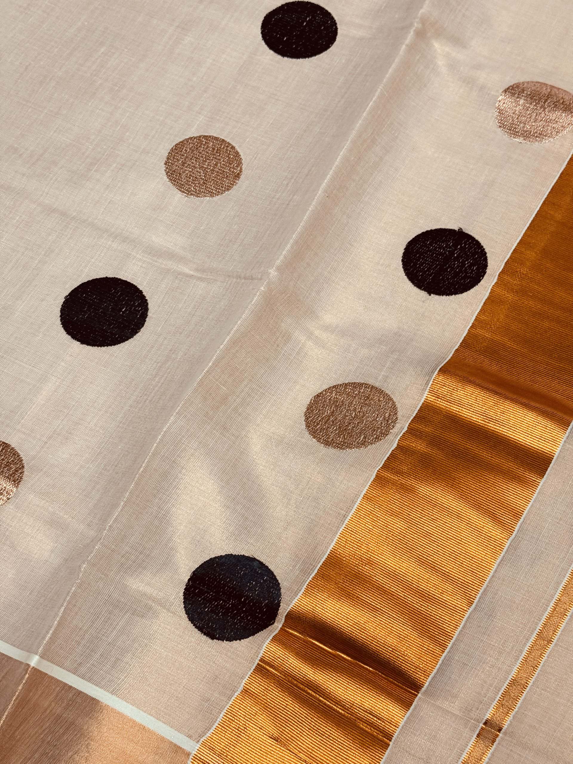 Kerala Traditional Set Saree with Copper Zari and Polka dots