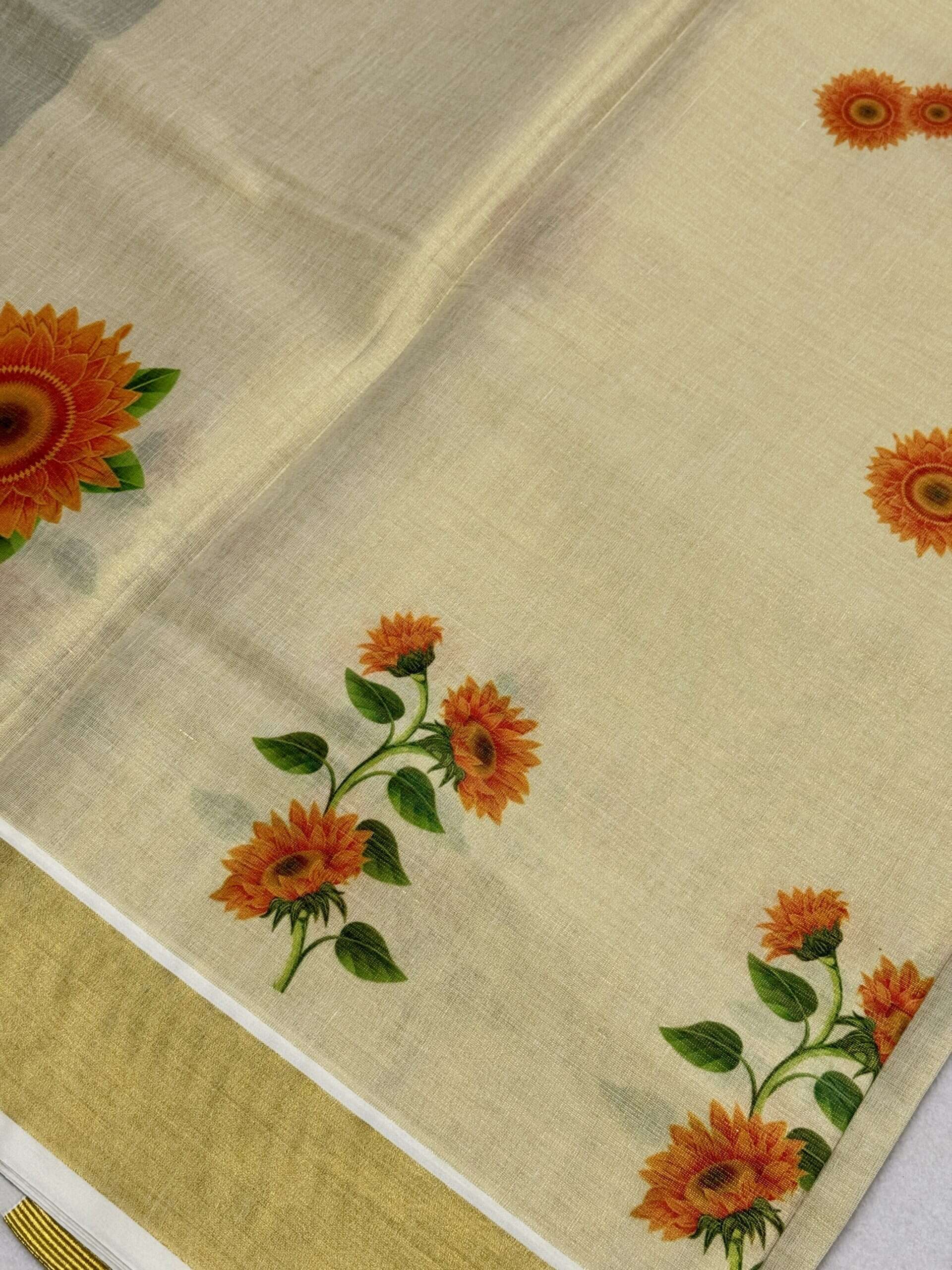Kerala Saree with Sunflower Floral Prints