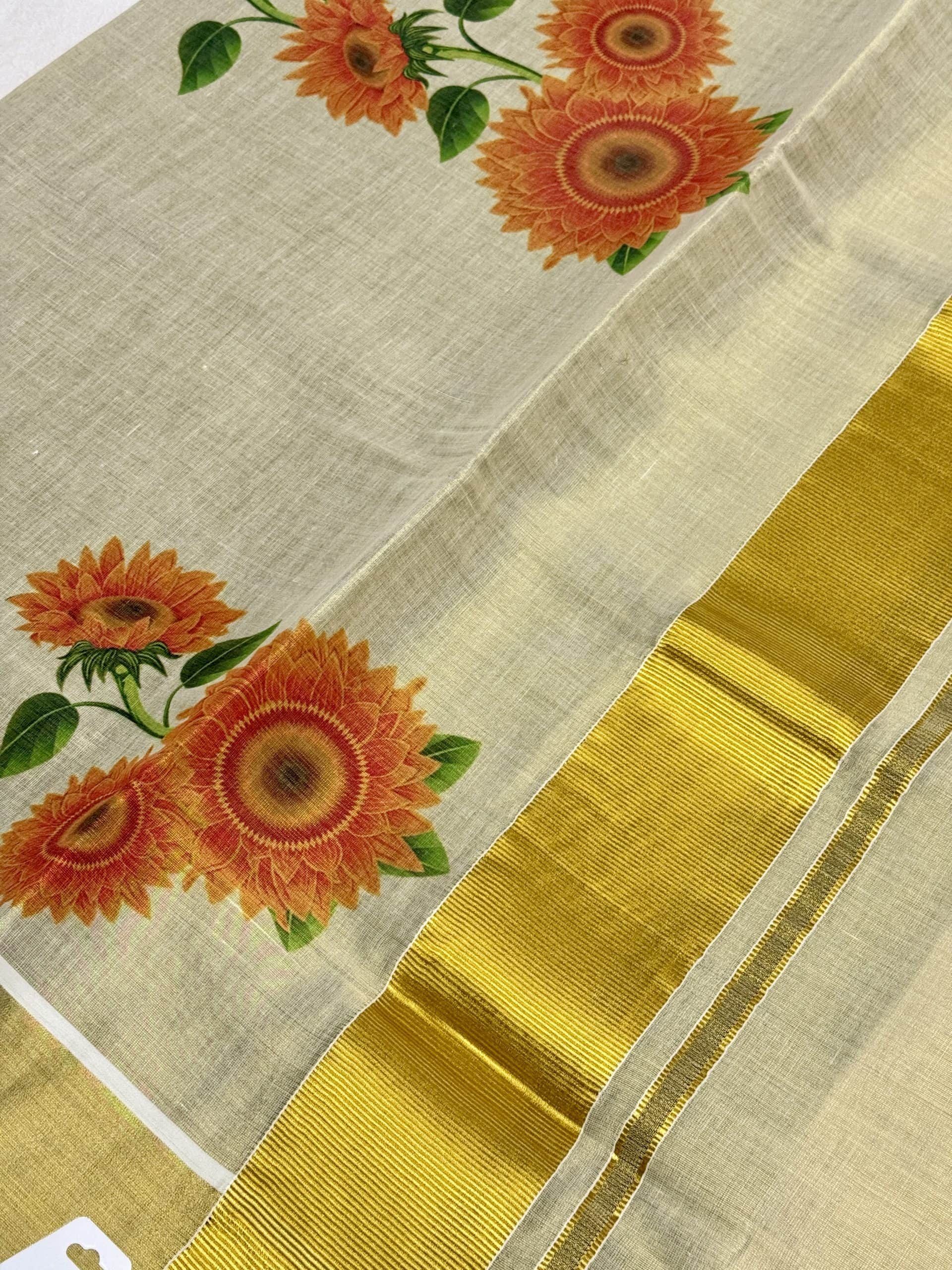 Kerala Saree with Sunflower Floral Prints