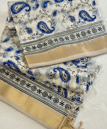 Handloom Handblock White Print  Maheshwari Silk Saree