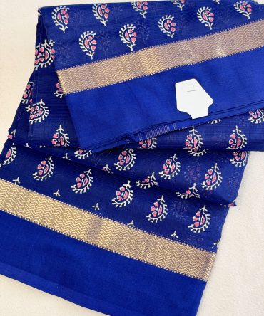 Handloom Handblock Print Blue Maheshwari Silk Saree